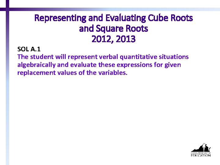 Representing and Evaluating Cube Roots and Square Roots 2012, 2013 SOL A. 1 The