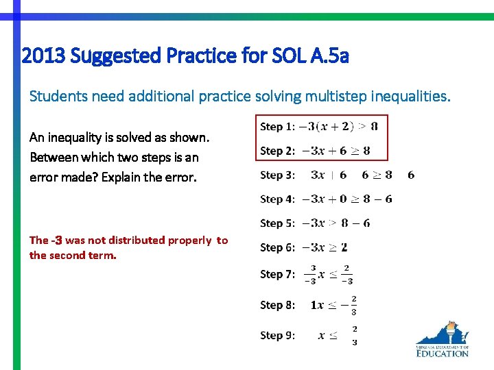 2013 Suggested Practice for SOL A. 5 a Students need additional practice solving multistep