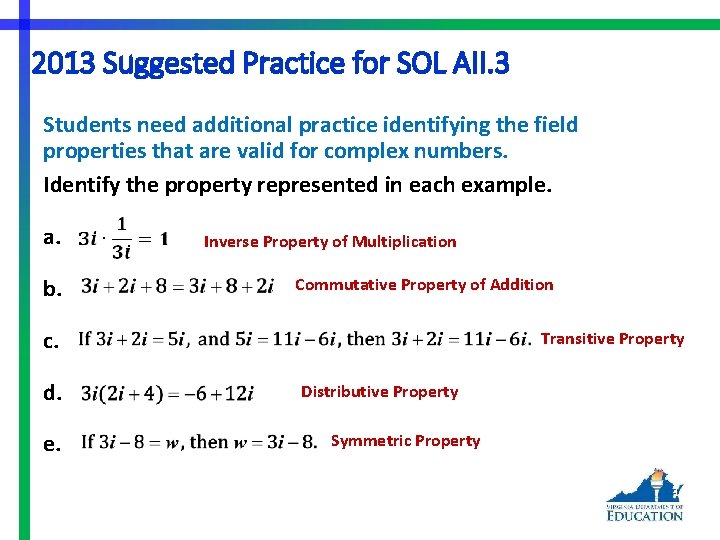 2013 Suggested Practice for SOL AII. 3 Students need additional practice identifying the field