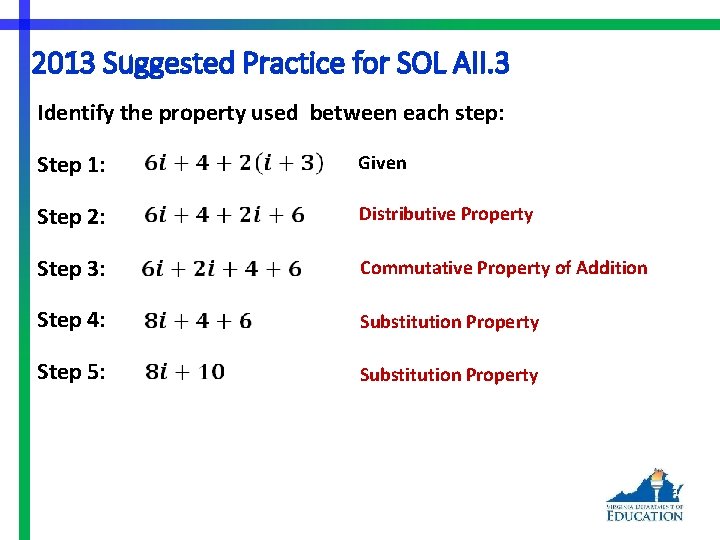 2013 Suggested Practice for SOL AII. 3 Identify the property used between each step: