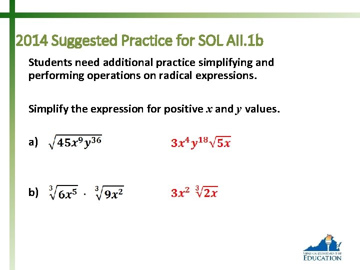 2014 Suggested Practice for SOL AII. 1 b Students need additional practice simplifying and