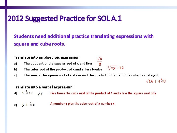 2012 Suggested Practice for SOL A. 1 Students need additional practice translating expressions with