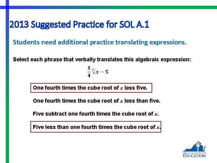 2013 Suggested Practice for SOL A. 1 Students need additional practice translating expressions. Select