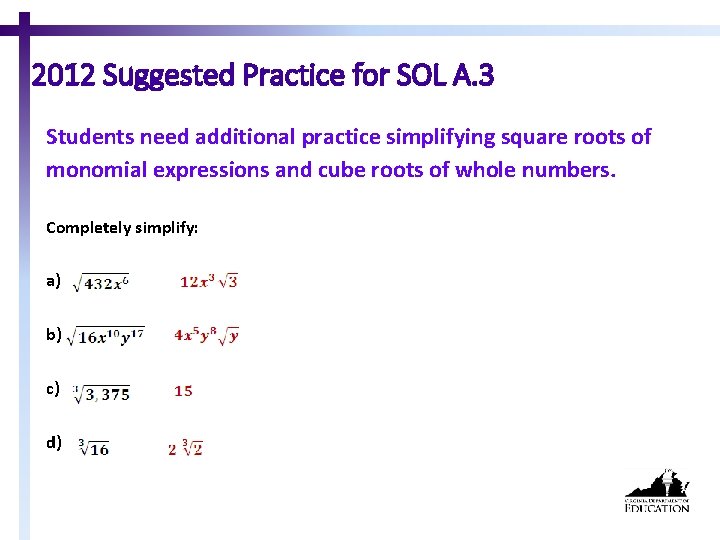 2012 Suggested Practice for SOL A. 3 Students need additional practice simplifying square roots