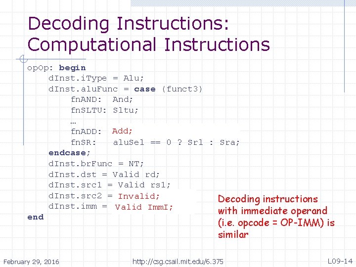 Decoding Instructions: Computational Instructions op. Op: begin d. Inst. i. Type = Alu; d.