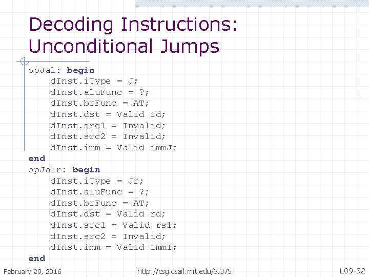 Decoding Instructions: Unconditional Jumps op. Jal: begin d. Inst. i. Type = J; d.
