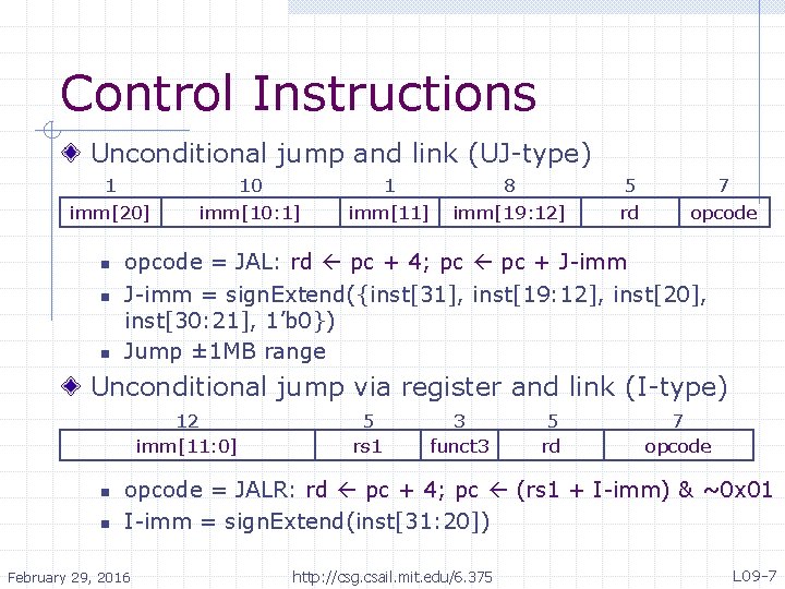 Control Instructions Unconditional jump and link (UJ-type) 1 imm[20] n n n 10 imm[10: