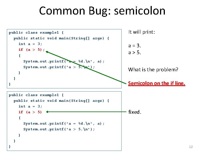 Common Bug: semicolon public class example 1 { public static void main(String[] args) {