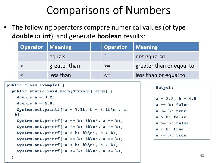 Comparisons of Numbers • The following operators compare numerical values (of type double or