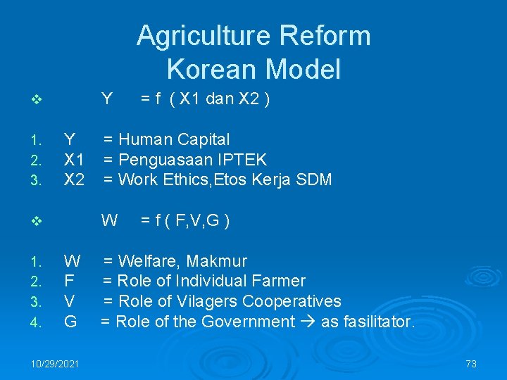 Agriculture Reform Korean Model Y v 1. 2. 3. Y X 1 X 2