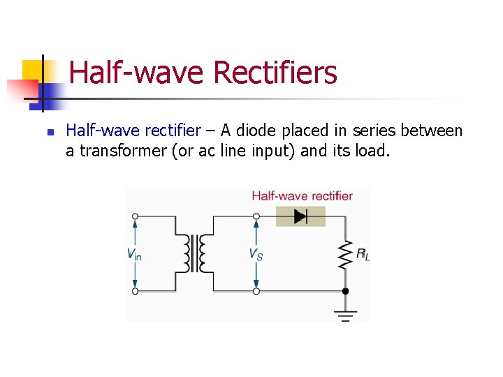 Half-wave Rectifiers n Half-wave rectifier – A diode placed in series between a transformer