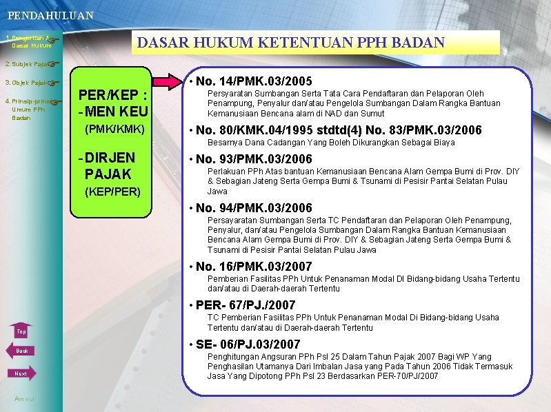 PENDAHULUAN 1. Pengertian & DASAR HUKUM KETENTUAN PPH BADAN Dasar Hukum 3. Objek Pajak