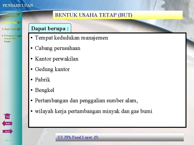 PENDAHULUAN 1. Pengertian & BENTUK USAHA TETAP (BUT) Dasar Hukum 3. Objek Pajak 4.