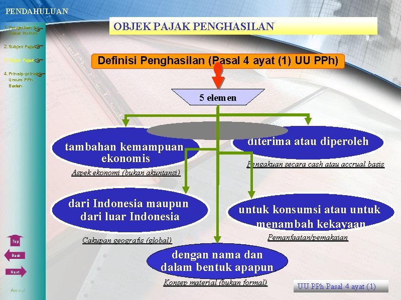 PENDAHULUAN 1. Pengertian & Dasar Hukum 3. Objek Pajak 4. Prinsip-prinsip Umum PPh OBJEK