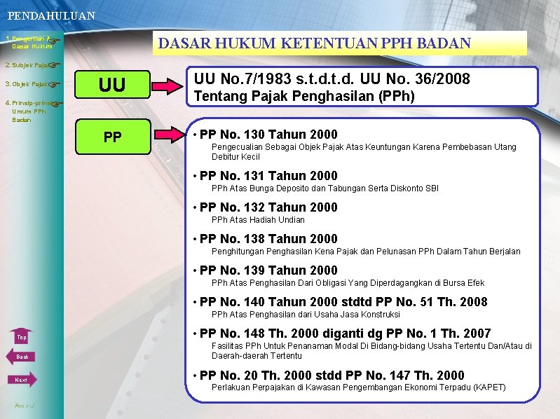 PENDAHULUAN 1. Pengertian & DASAR HUKUM KETENTUAN PPH BADAN Dasar Hukum 3. Objek Pajak