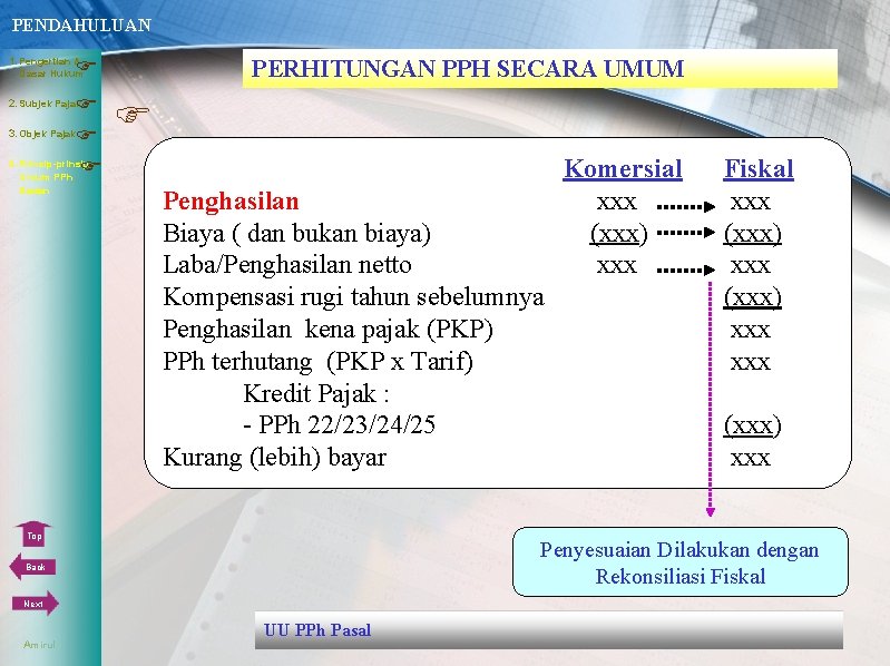 PENDAHULUAN 1. Pengertian & PERHITUNGAN PPH SECARA UMUM Dasar Hukum 3. Objek Pajak 4.