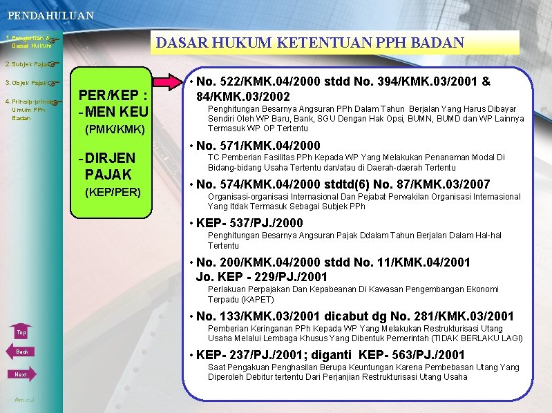 PENDAHULUAN 1. Pengertian & DASAR HUKUM KETENTUAN PPH BADAN Dasar Hukum 3. Objek Pajak