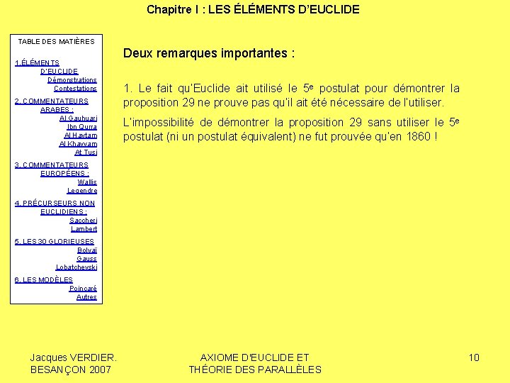 Chapitre I : LES ÉLÉMENTS D’EUCLIDE TABLE DES MATIÈRES 1. ÉLÉMENTS D’EUCLIDE Démonstrations Contestations