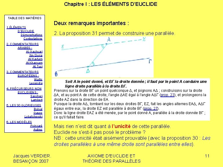 Chapitre I : LES ÉLÉMENTS D’EUCLIDE TABLE DES MATIÈRES 1. ÉLÉMENTS D’EUCLIDE Démonstrations Contestations