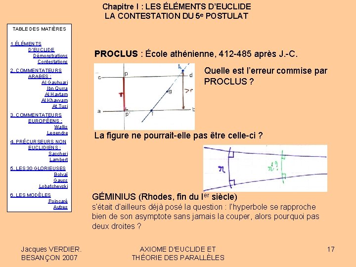 Chapitre I : LES ÉLÉMENTS D’EUCLIDE LA CONTESTATION DU 5 e POSTULAT TABLE DES