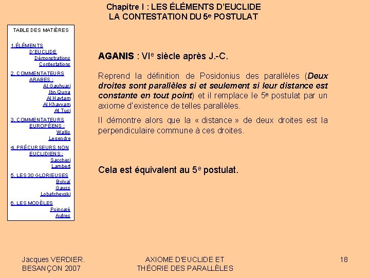 Chapitre I : LES ÉLÉMENTS D’EUCLIDE LA CONTESTATION DU 5 e POSTULAT TABLE DES