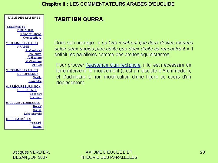 Chapitre II : LES COMMENTATEURS ARABES D’EUCLIDE TABLE DES MATIÈRES TABIT IBN QURRA. 1.