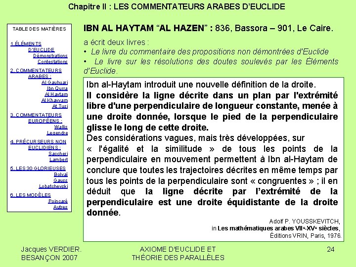 Chapitre II : LES COMMENTATEURS ARABES D’EUCLIDE TABLE DES MATIÈRES 1. ÉLÉMENTS D’EUCLIDE Démonstrations