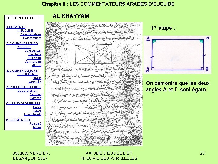 Chapitre II : LES COMMENTATEURS ARABES D’EUCLIDE TABLE DES MATIÈRES AL KHAYYAM 1 re