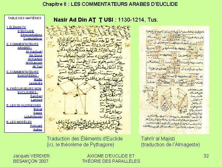 Chapitre II : LES COMMENTATEURS ARABES D’EUCLIDE TABLE DES MATIÈRES Nasir Ad Din AŢ