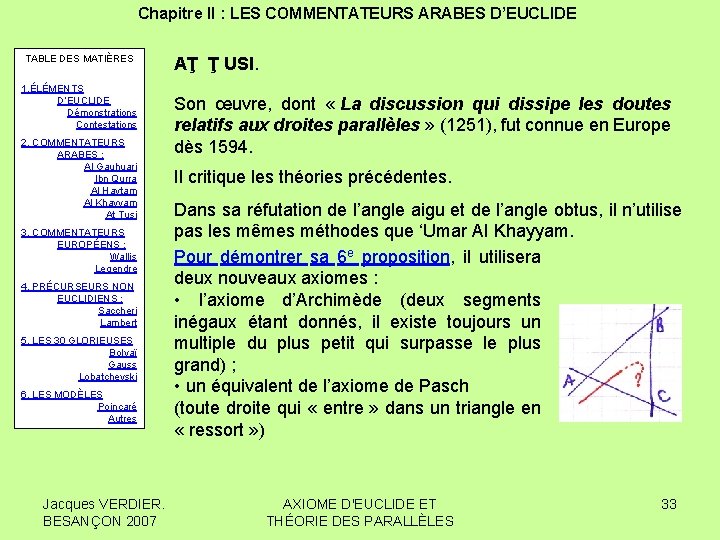 Chapitre II : LES COMMENTATEURS ARABES D’EUCLIDE TABLE DES MATIÈRES 1. ÉLÉMENTS D’EUCLIDE Démonstrations