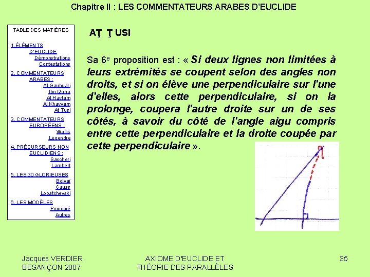 Chapitre II : LES COMMENTATEURS ARABES D’EUCLIDE TABLE DES MATIÈRES 1. ÉLÉMENTS D’EUCLIDE Démonstrations