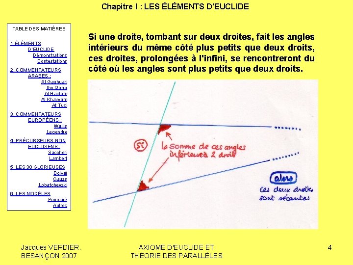 Chapitre I : LES ÉLÉMENTS D’EUCLIDE TABLE DES MATIÈRES 1. ÉLÉMENTS D’EUCLIDE Démonstrations Contestations