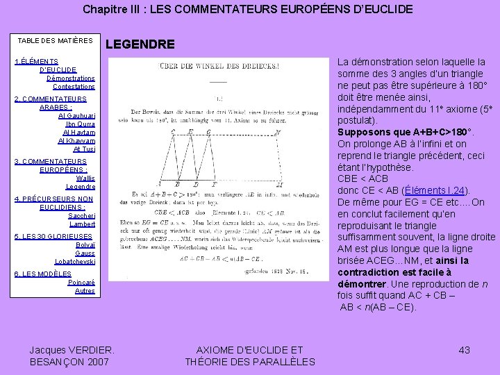 Chapitre III : LES COMMENTATEURS EUROPÉENS D’EUCLIDE TABLE DES MATIÈRES LEGENDRE 1. ÉLÉMENTS D’EUCLIDE