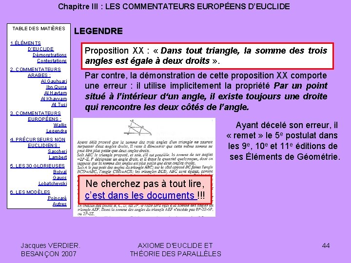 Chapitre III : LES COMMENTATEURS EUROPÉENS D’EUCLIDE TABLE DES MATIÈRES LEGENDRE 1. ÉLÉMENTS D’EUCLIDE