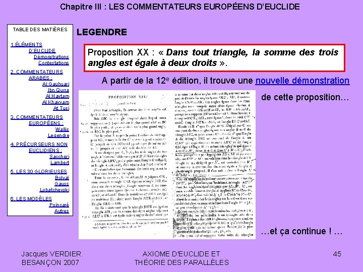 Chapitre III : LES COMMENTATEURS EUROPÉENS D’EUCLIDE TABLE DES MATIÈRES LEGENDRE 1. ÉLÉMENTS D’EUCLIDE