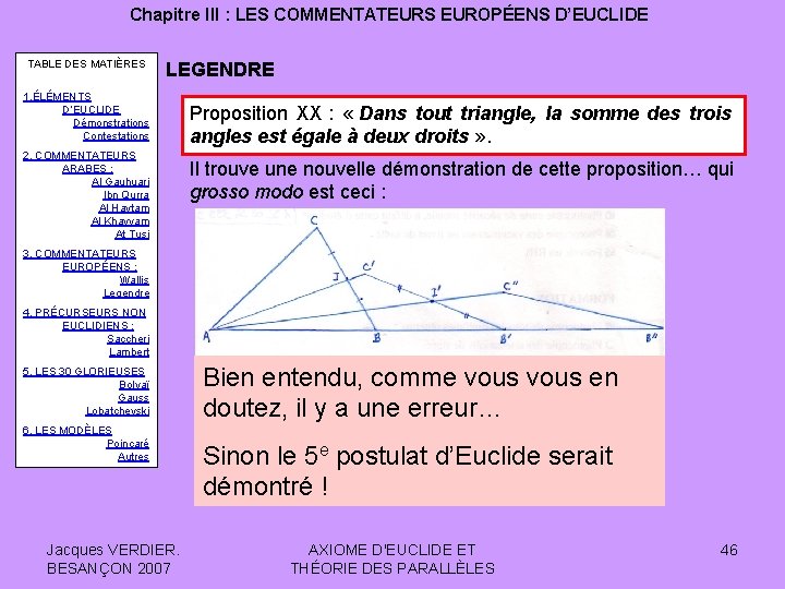 Chapitre III : LES COMMENTATEURS EUROPÉENS D’EUCLIDE TABLE DES MATIÈRES LEGENDRE 1. ÉLÉMENTS D’EUCLIDE
