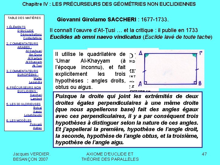 Chapitre IV : LES PRÉCURSEURS DES GÉOMÉTRIES NON EUCLIDIENNES TABLE DES MATIÈRES 1. ÉLÉMENTS