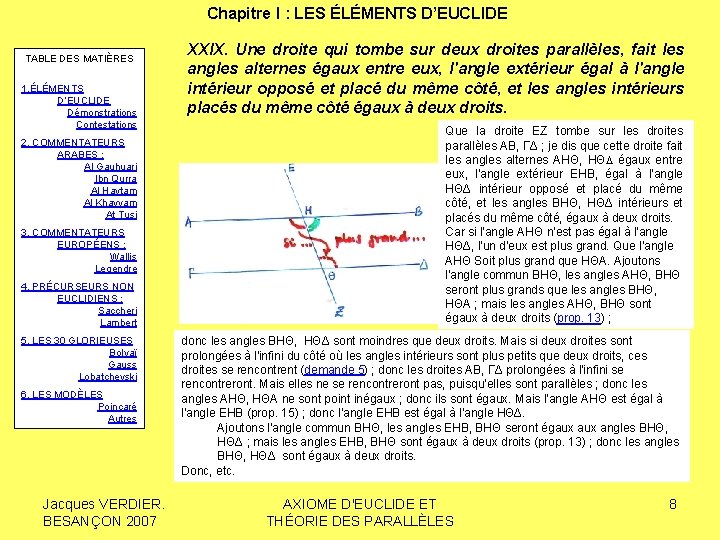 Chapitre I : LES ÉLÉMENTS D’EUCLIDE TABLE DES MATIÈRES 1. ÉLÉMENTS D’EUCLIDE Démonstrations Contestations