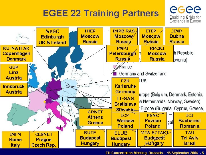 EGEE 22 Training Partners Ne. SC Edinburgh UK & Ireland IHEP IMPB RAS ITEP