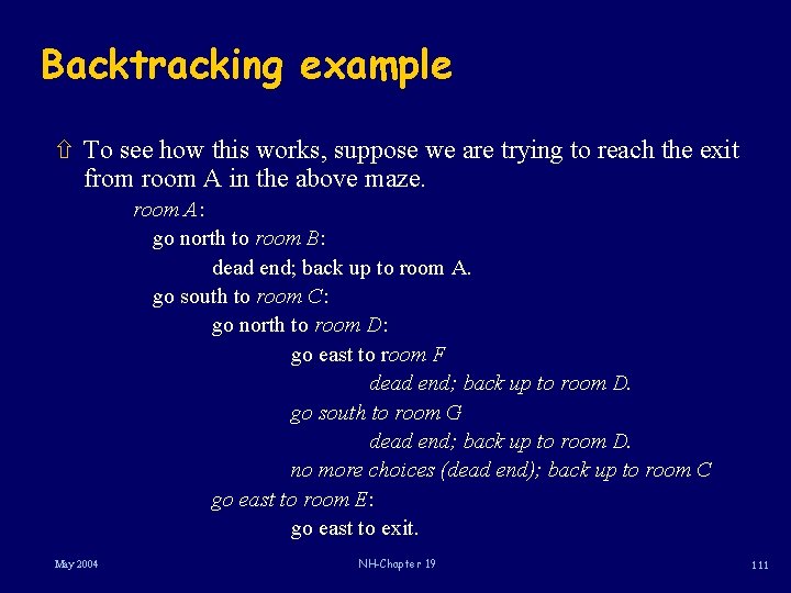 Backtracking example ñ To see how this works, suppose we are trying to reach