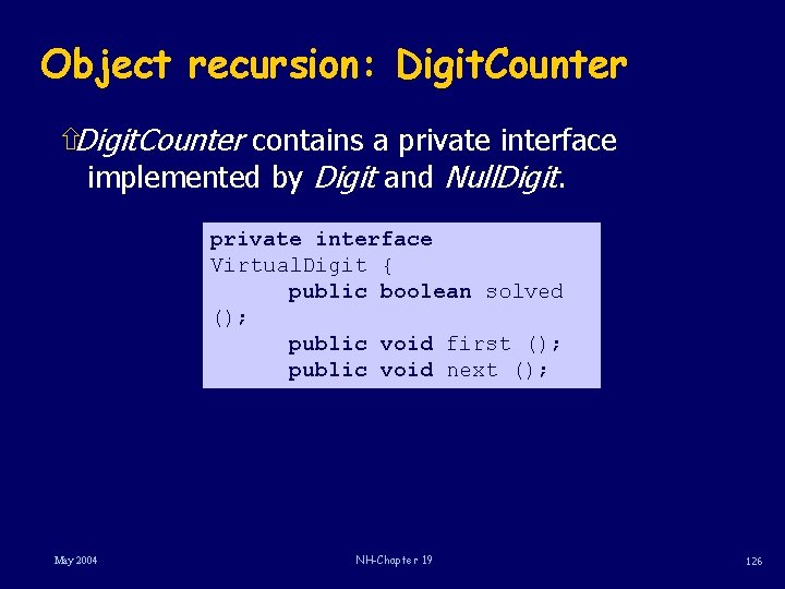 Object recursion: Digit. Counter ñDigit. Counter contains a private interface implemented by Digit and