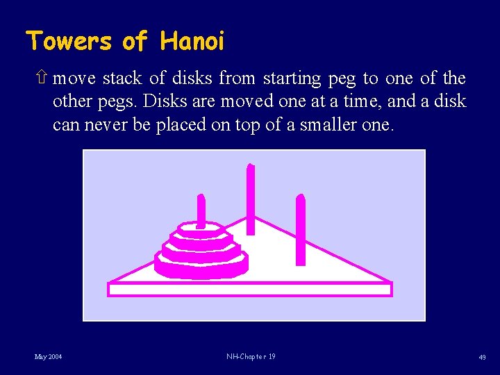 Towers of Hanoi ñ move stack of disks from starting peg to one of