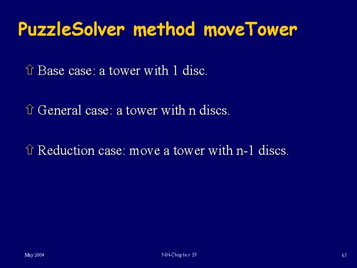 Puzzle. Solver method move. Tower ñ Base case: a tower with 1 disc. ñ