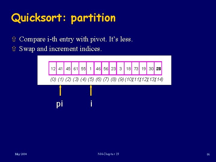 Quicksort: partition ñ Compare i-th entry with pivot. It’s less. ñ Swap and increment
