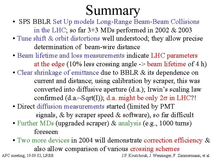 Summary • SPS BBLR Set Up models Long-Range Beam-Beam Collisions in the LHC; so