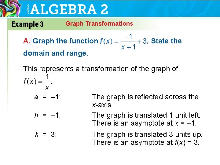 Graph Transformations A. Graph the function State the domain and range. This represents a