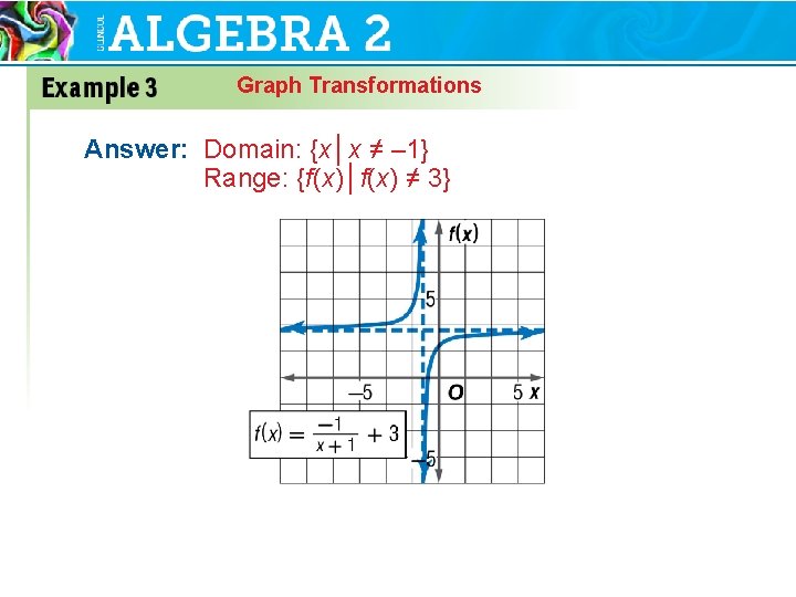 Graph Transformations Answer: Domain: {x│x ≠ – 1} Range: {f(x)│f(x) ≠ 3} 