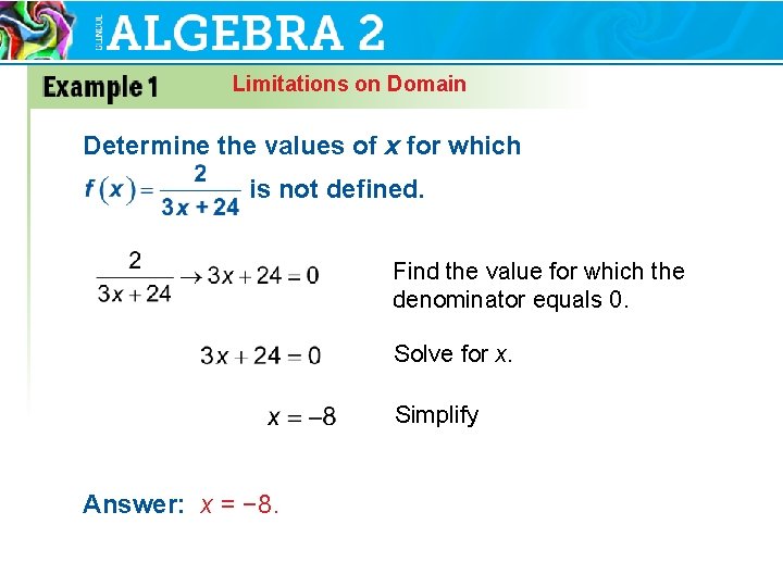 Limitations on Domain Determine the values of x for which is not defined. Find