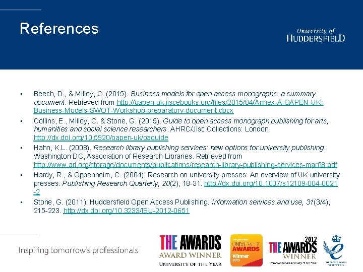 References • • • Beech, D. , & Milloy, C. (2015). Business models for