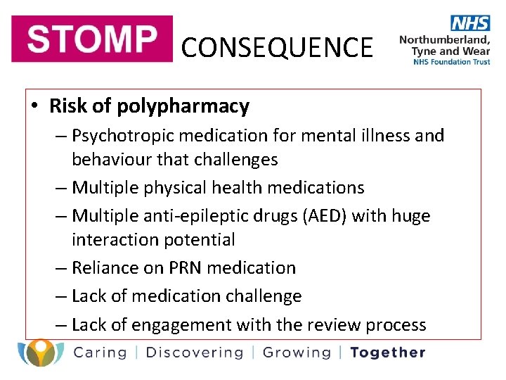 CONSEQUENCE • Risk of polypharmacy – Psychotropic medication for mental illness and behaviour that
